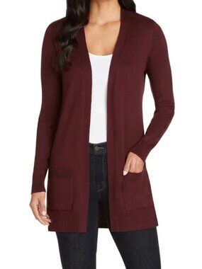 Matty M Women's Ribbed Accents Boyfriend Cardigan Sweater in Merlot Size Medium